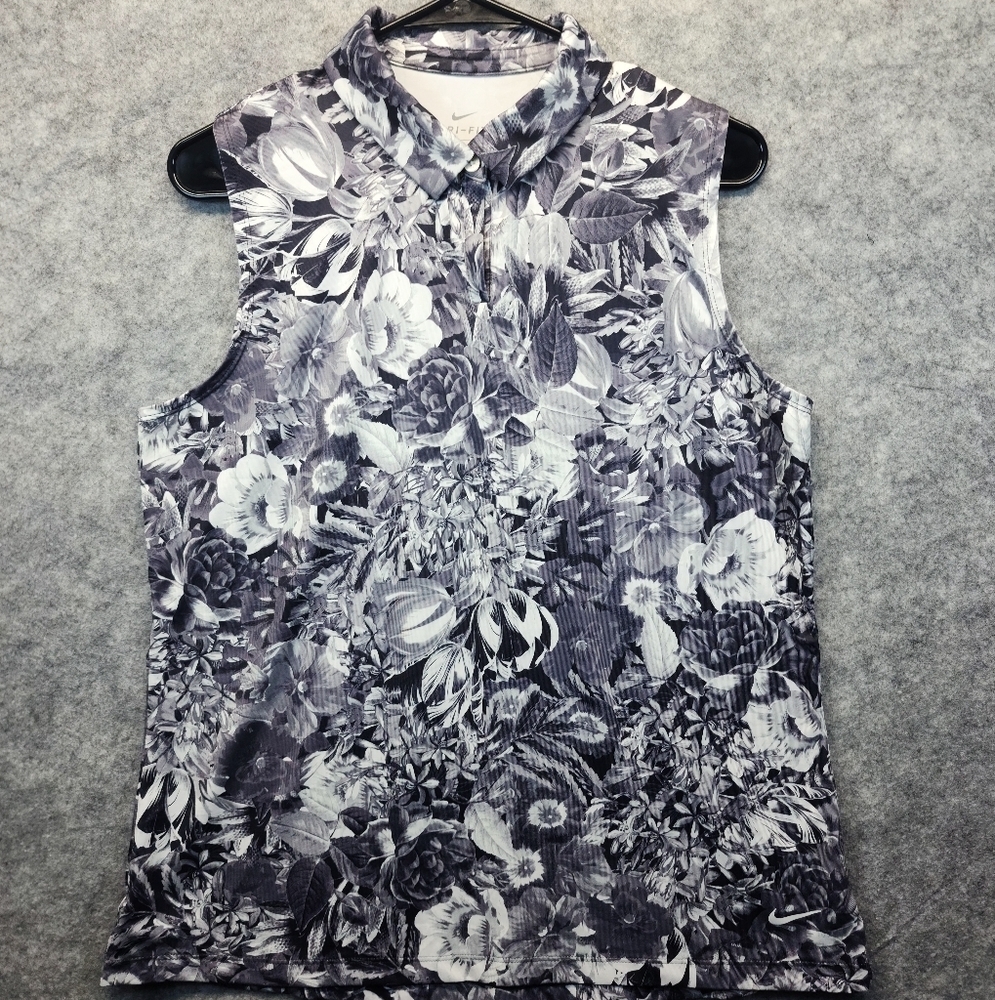 Nike Dri-Fit Women's Athletic Black and White Floral Collared Top Size Large